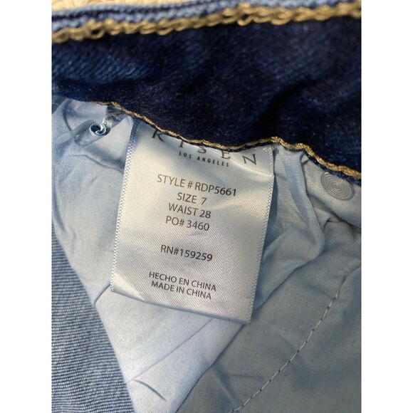 RISEN High-Rise Exposed Button Fly Dark Wash Crop Flare Raw Hem 7/28 - Picture 7 of 8